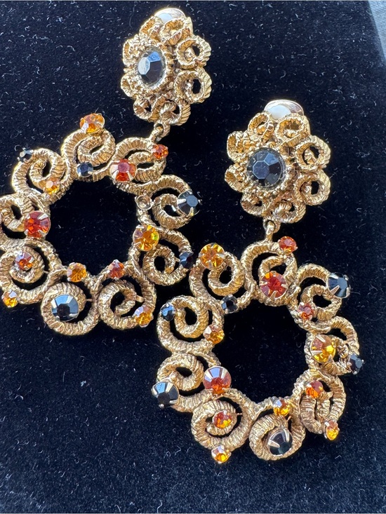 R.J. Graziano Jewelry - Vintage RARE Graziano Gold-Tone Drop Hoop Earrings with Amber and Black Crystals